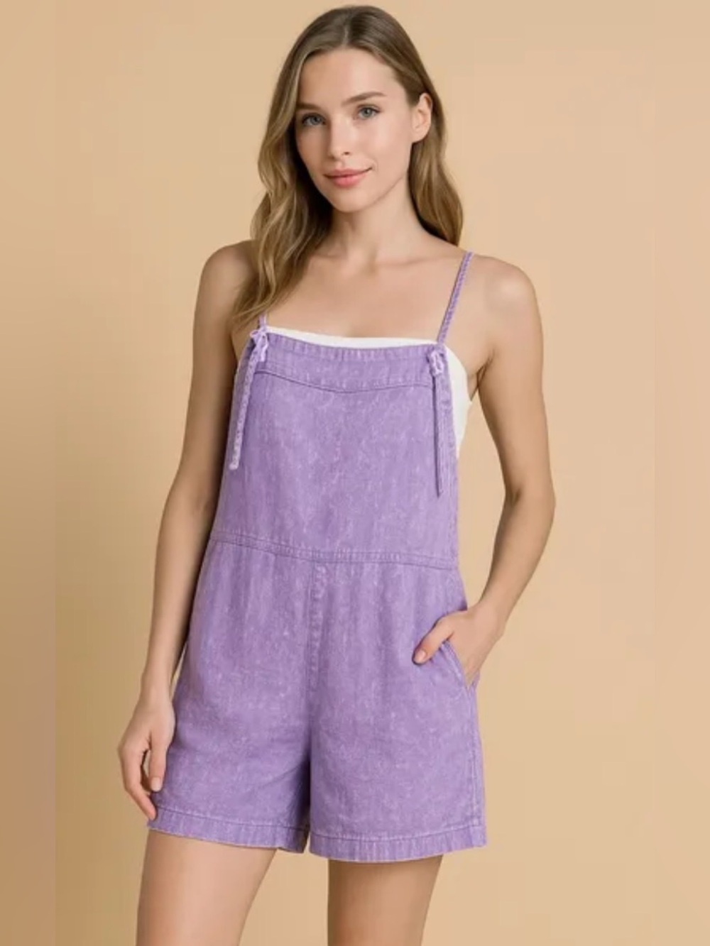 Zenana Outfitters Sleeveless Linen-Blend Romper in Lavender